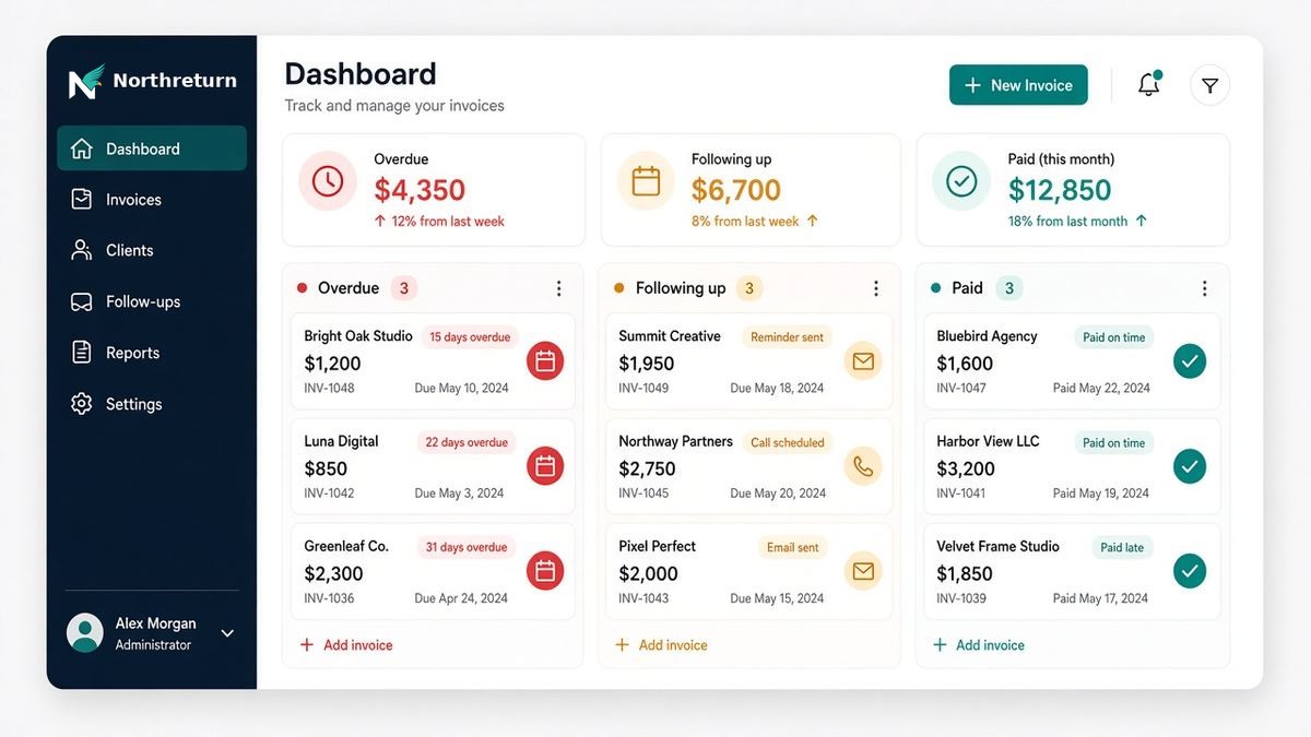 Illustrative dashboard with fictional invoices moving from Overdue to Following up to Paid