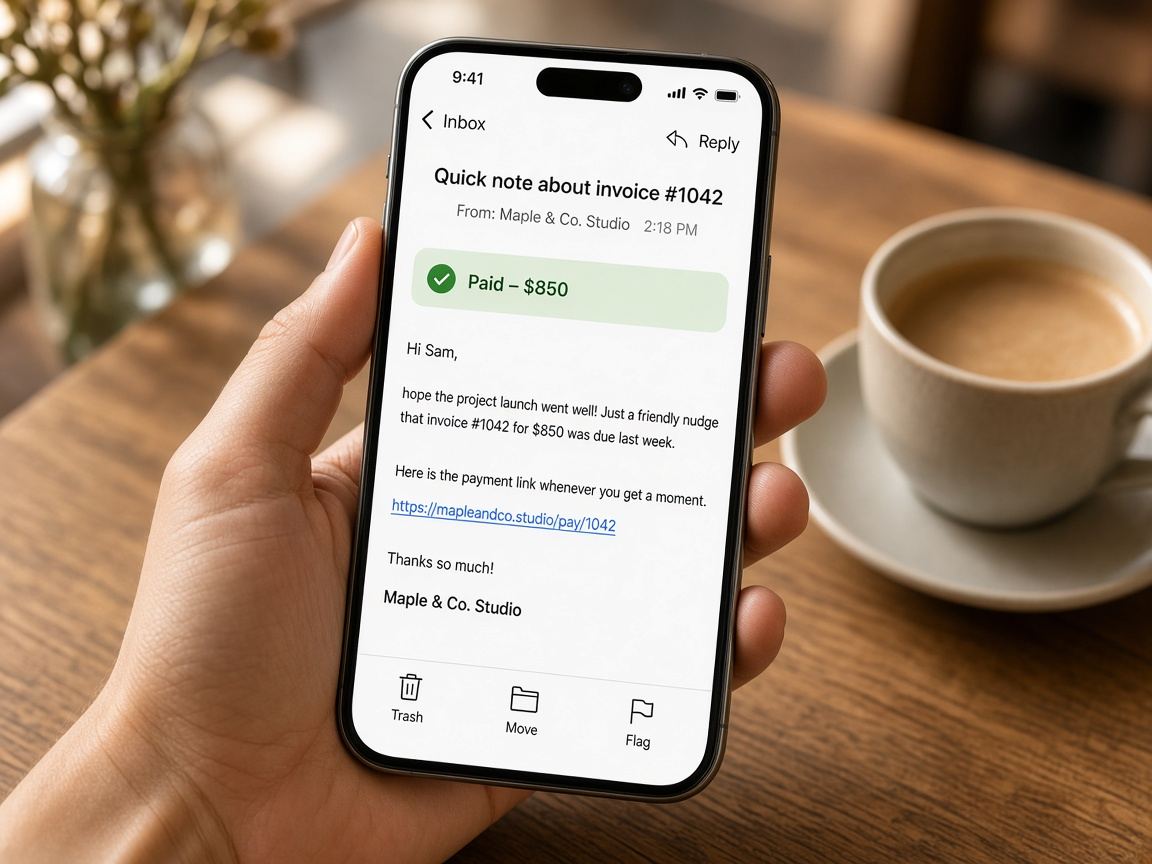 A phone showing a short, friendly invoice reminder email with a Paid confirmation