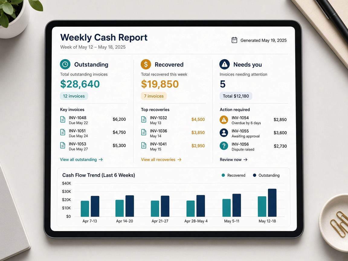 Illustrative weekly cash report with fictional figures for outstanding, recovered and needs-attention invoices
